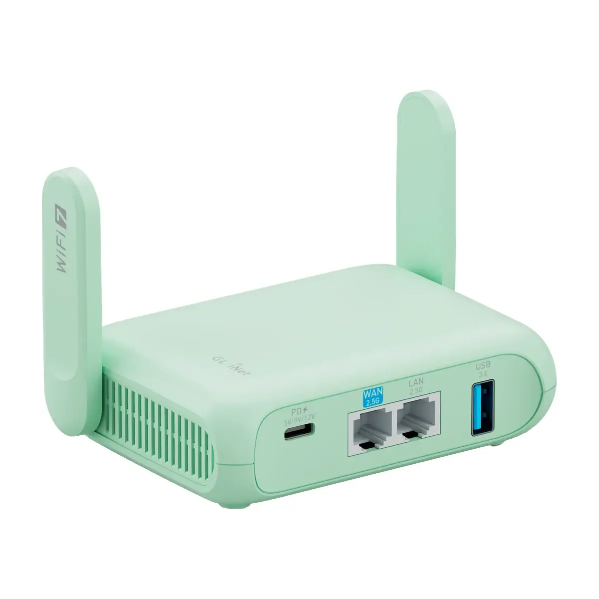 GL.iNet Beryl 7 GL-MT3600BE — three-quarter view: ports and ventilation grille