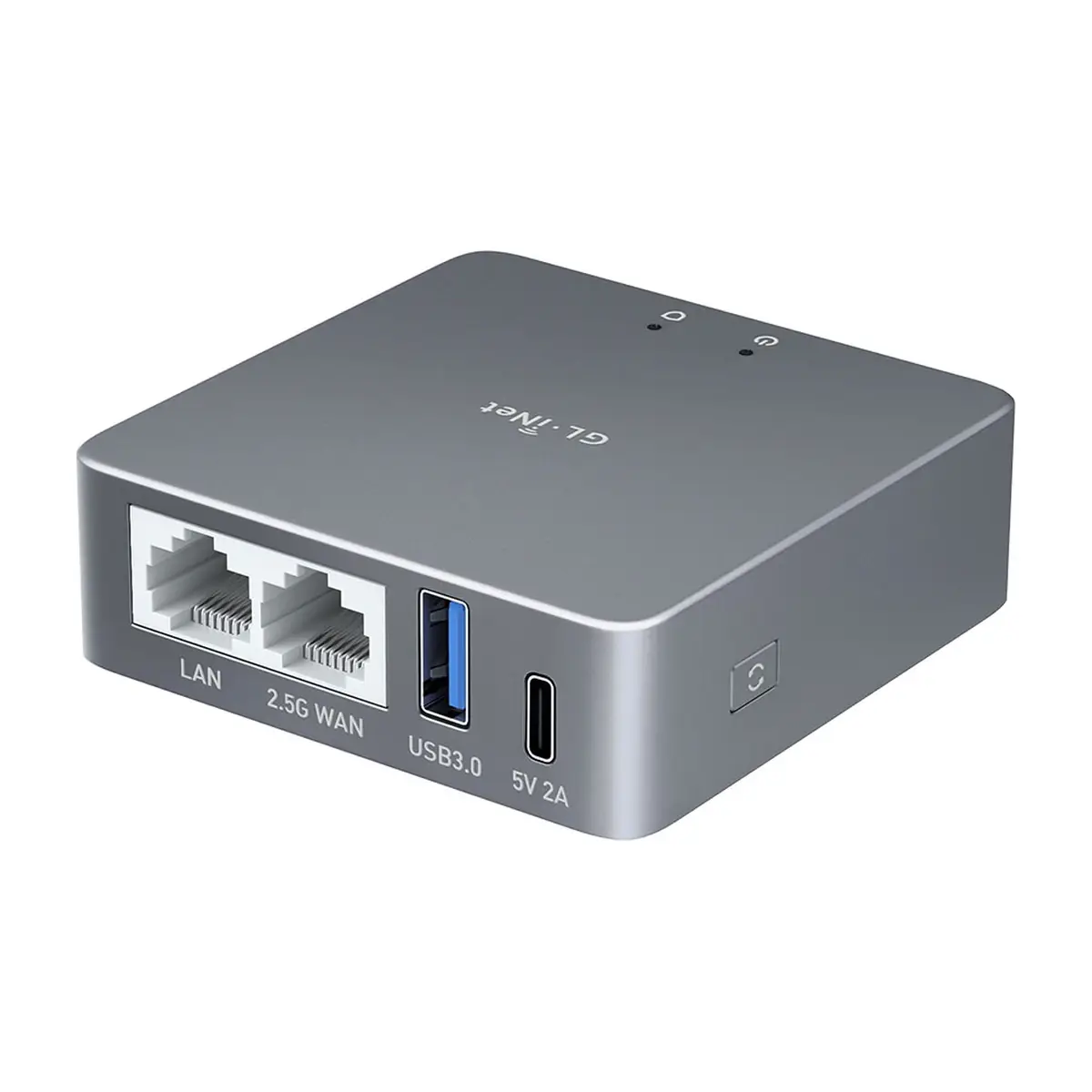 GL.iNet Brume 2 GL-MT2500A — алюмінієвий корпус, вигляд три чверті з портами