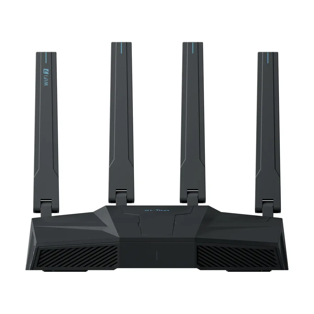 GL.iNet Flint 3e GL-BE6500 — front view with four antennas