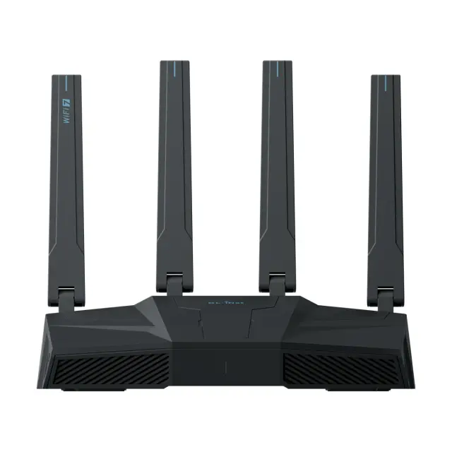 GL.iNet Flint 3e GL-BE6500 — front view with four antennas