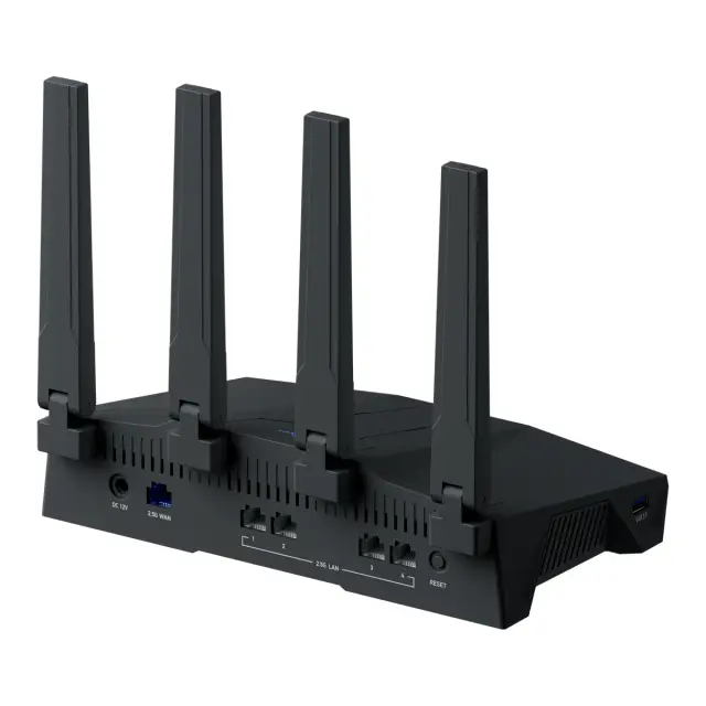 GL.iNet Flint 3e GL-BE6500 — rear panel: power, WAN and LAN ports, USB 3.0