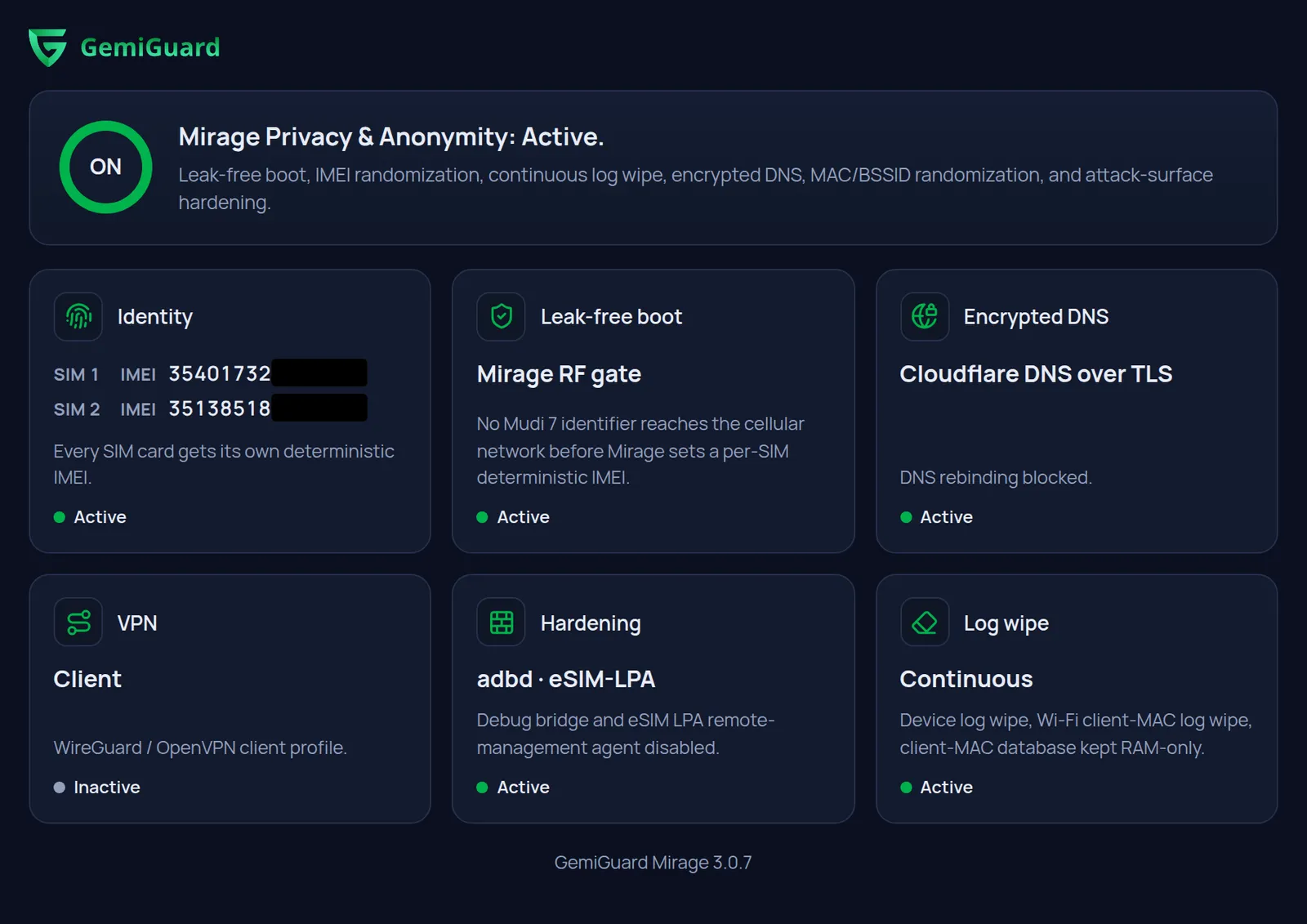 Панель управления GemiGuard Mirage Pro на Mudi 7 (интерфейс на английском языке): детерминированный IMEI для SIM 1 и SIM 2, RF-затвор без утечек, шифрованный DNS Cloudflare, непрерывное стирание логов и уменьшение поверхности атаки — все функции активны