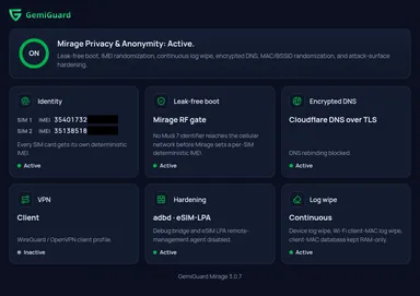 Панель управления GemiGuard Mirage Pro на Mudi 7 (интерфейс на английском языке): детерминированный IMEI для SIM 1 и SIM 2, RF-затвор без утечек, шифрованный DNS Cloudflare, непрерывное стирание логов и уменьшение поверхности атаки — все функции активны