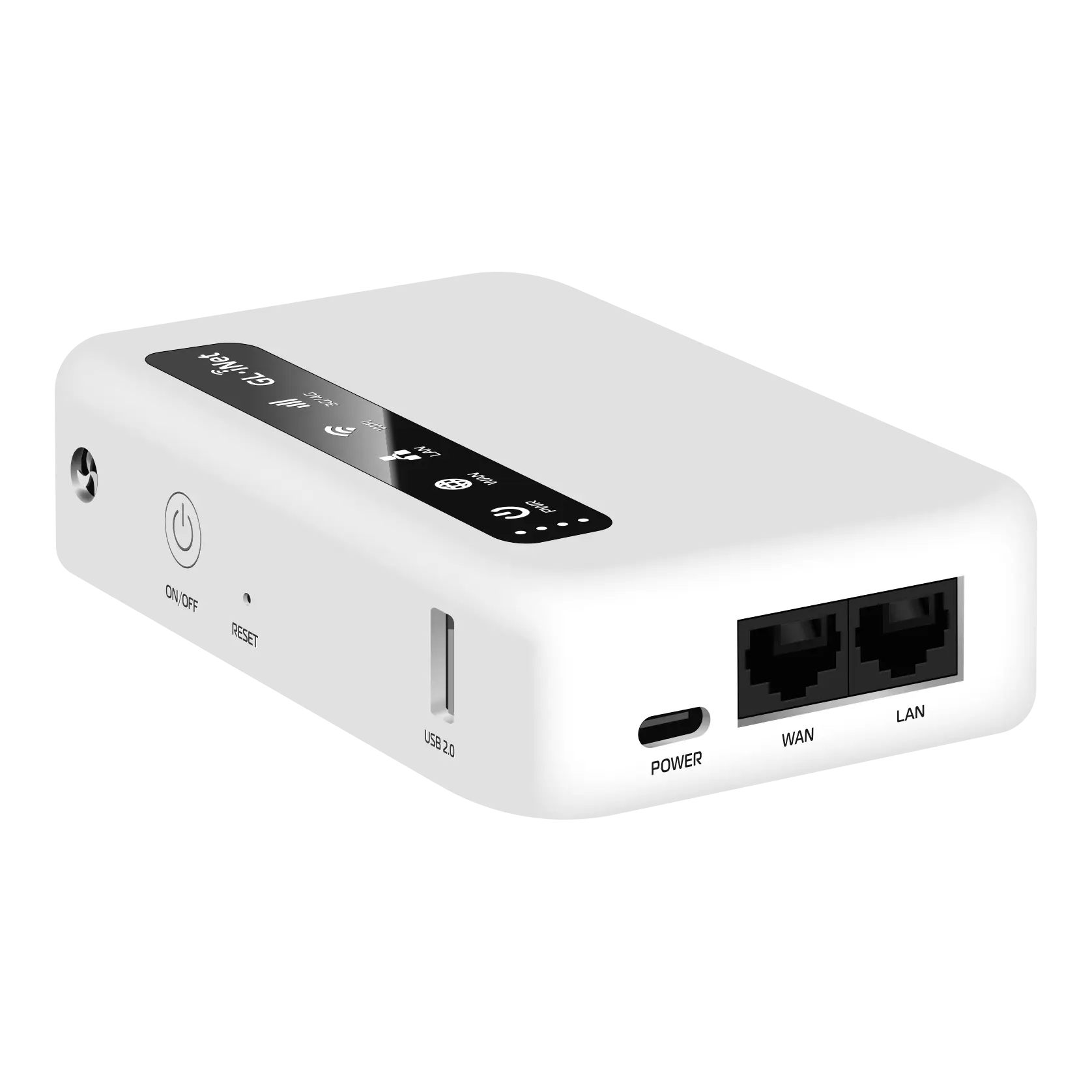 GL.iNet Puli GL-XE300 — передняя панель: кнопка питания и порты USB, WAN, LAN