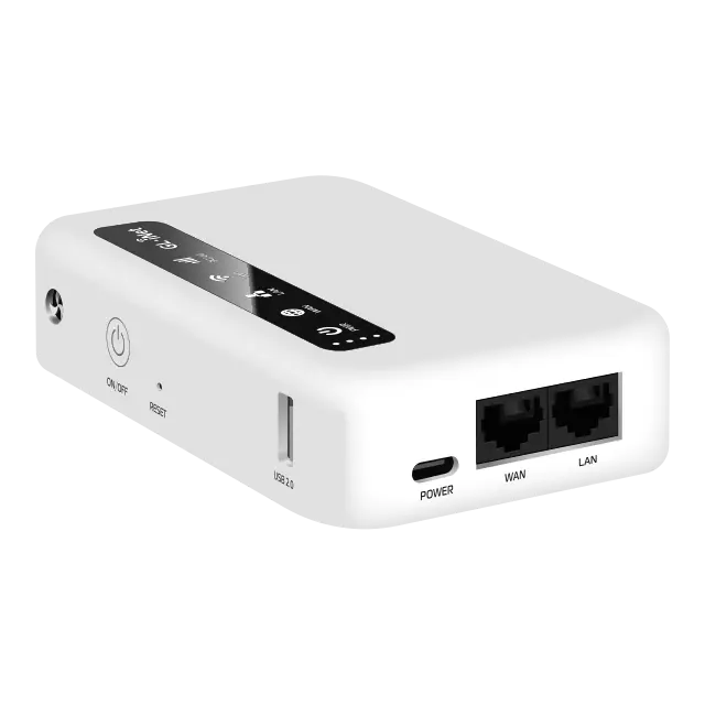 GL.iNet Puli GL-XE300 — передняя панель: кнопка питания и порты USB, WAN, LAN