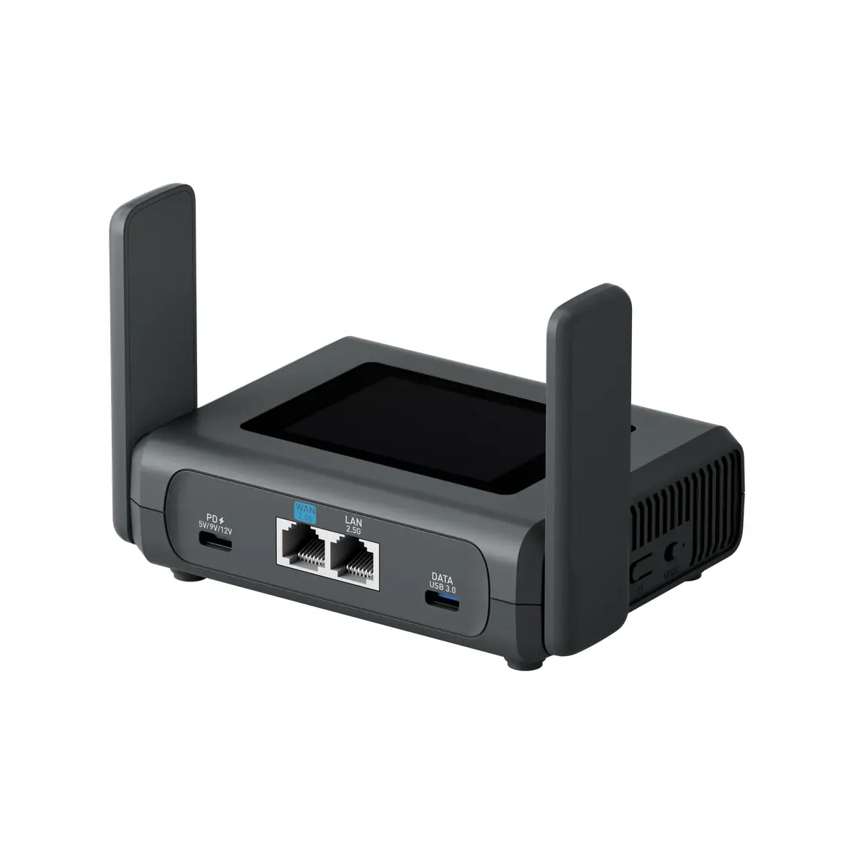 GL.iNet Slate 7 Pro GL-BE10000 — вид три четверти: сенсорный экран и порты